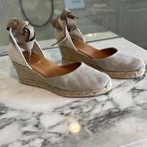 MAYPOL made in Spain, tan suede rope espadrille with ankle cloth ties